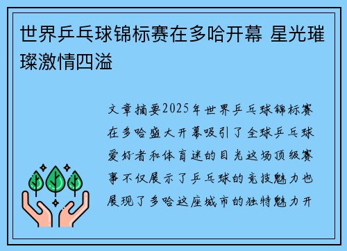 世界乒乓球锦标赛在多哈开幕 星光璀璨激情四溢