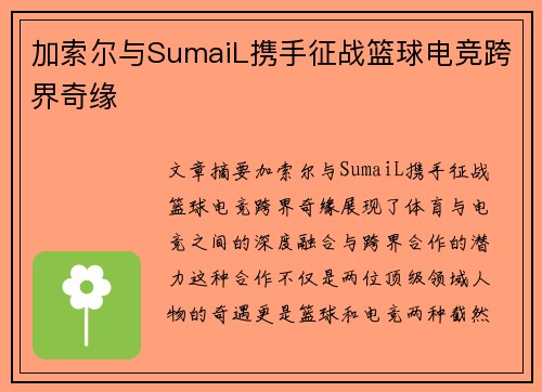 加索尔与SumaiL携手征战篮球电竞跨界奇缘